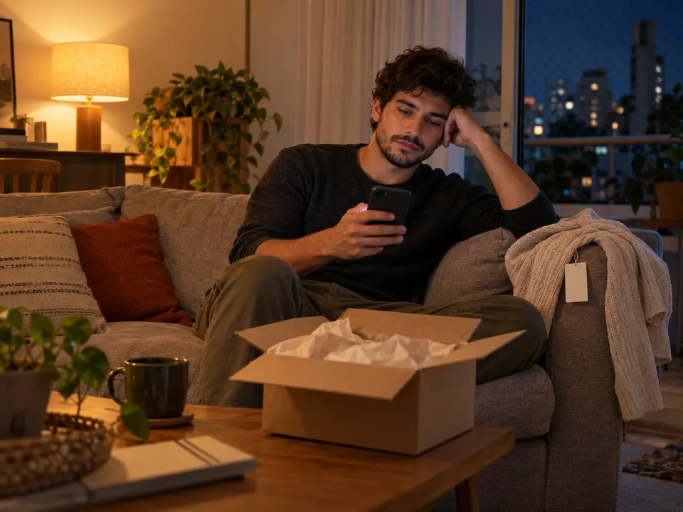 Cliente no sofá à noite olhando o celular, com a caixa do pedido aberta na mesa e o cardigã com etiqueta ao lado