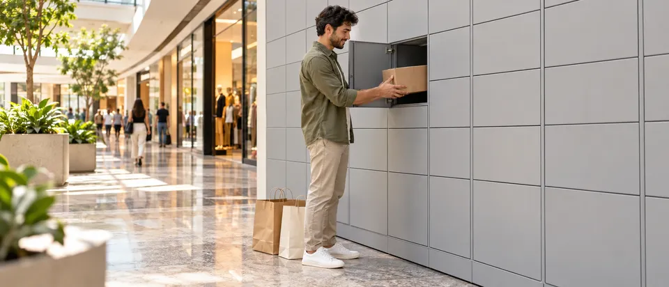 Cliente colocando um pacote de devolução em um locker no corredor de um shopping