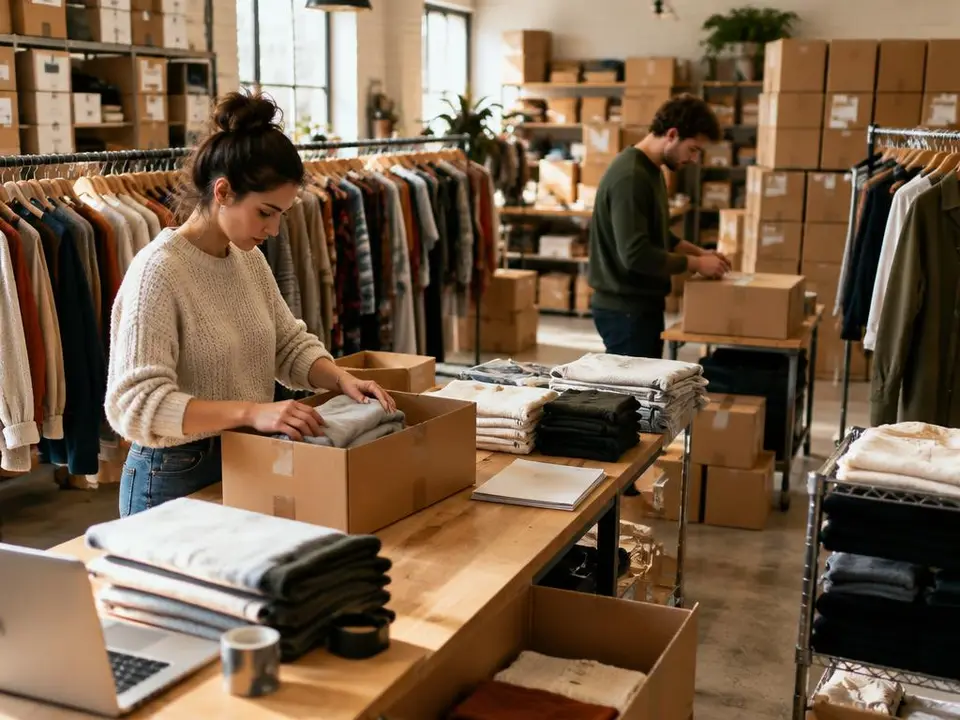 Estoque de moda em alta temporada, com araras de roupas e pessoas embalando pedidos