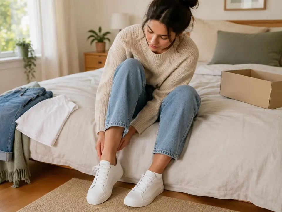 Mulher sentada na cama experimentando tênis brancos, com roupas e uma caixa ao lado