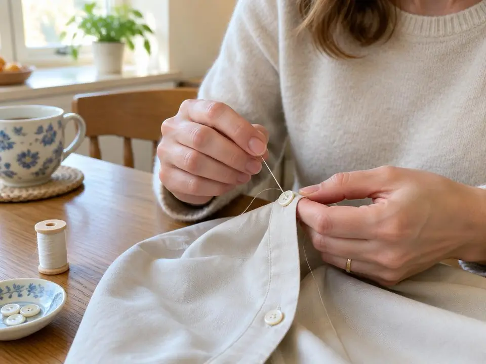 Mãos costurando um botão em uma blusa clara sobre a mesa da cozinha