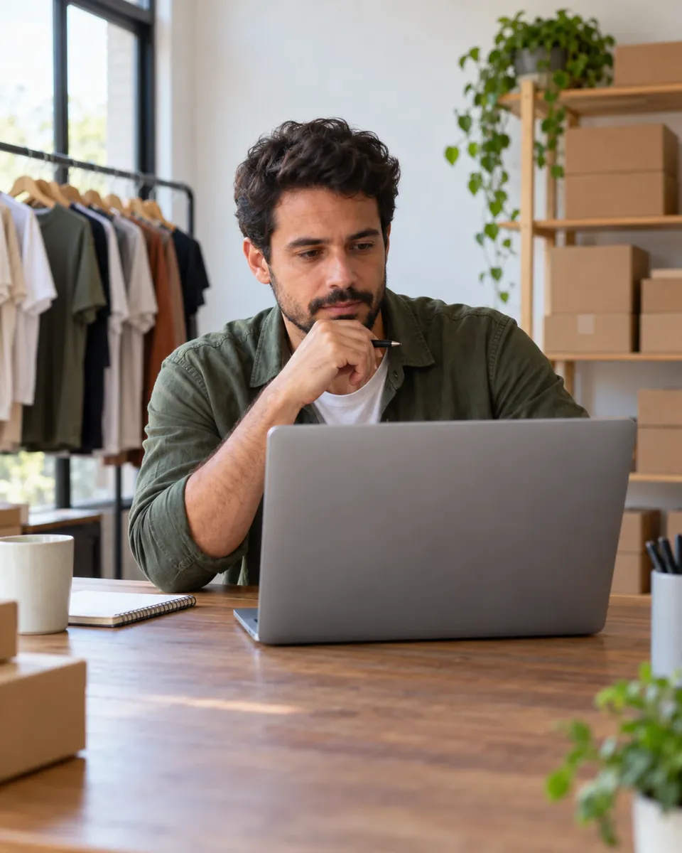 Gerente de e-commerce no escritório conferindo o notebook, com caixas de pedidos ao fundo
