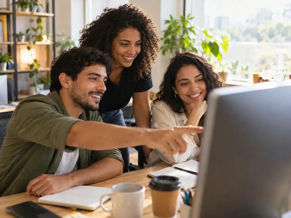 Equipe reunida no escritório olhando a mesma tela de computador