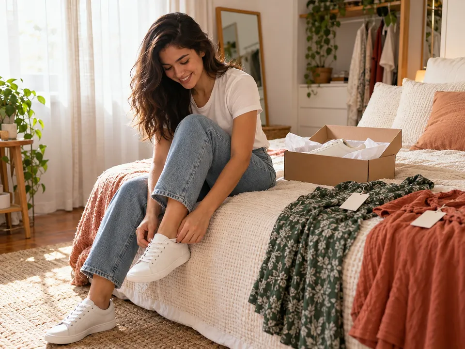 Cliente no quarto calçando um tênis novo, com a caixa do pedido e vestidos com etiqueta sobre a cama