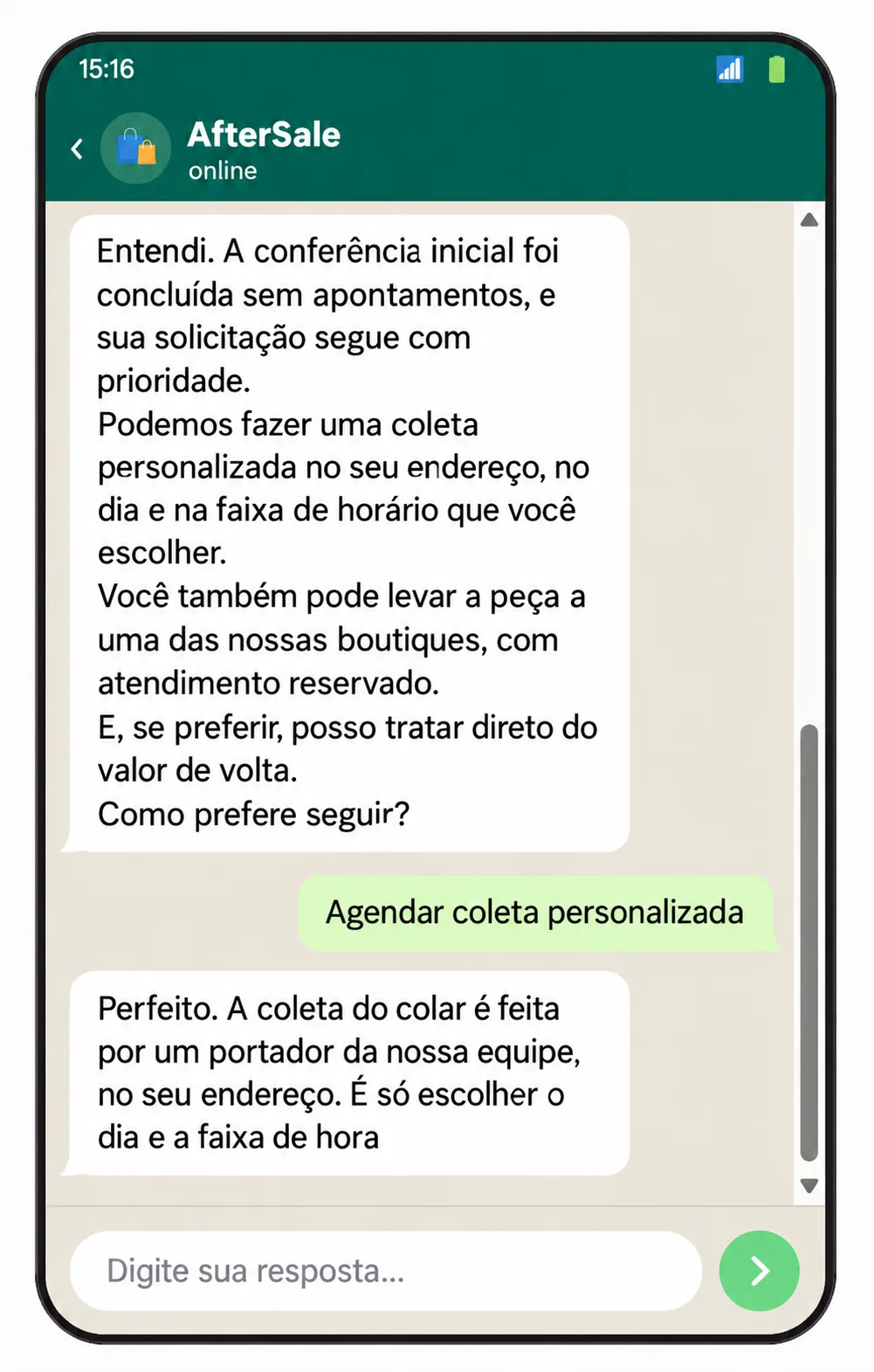 Conversa no WhatsApp em que a Aftersale agenda a coleta de uma devolução