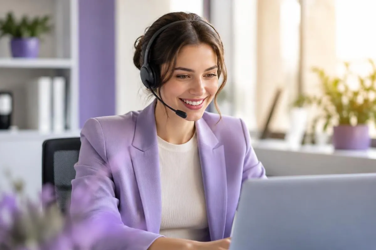 Atendente de e-commerce de fone de ouvido resolve uma solicitação de troca no computador, com pedidos embalados ao lado.