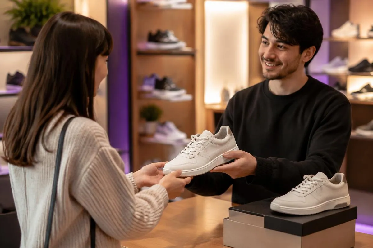 Pares de tênis e sapatos organizados em prateleiras de um estoque de e-commerce, com caixas prontas para expedição.
