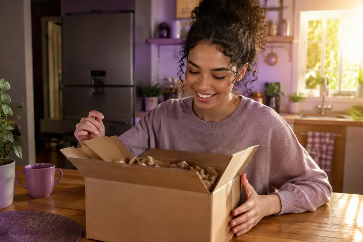 Pessoa abre em casa a caixa de uma compra feita on-line, no momento em que a experiência de pós-venda começa.