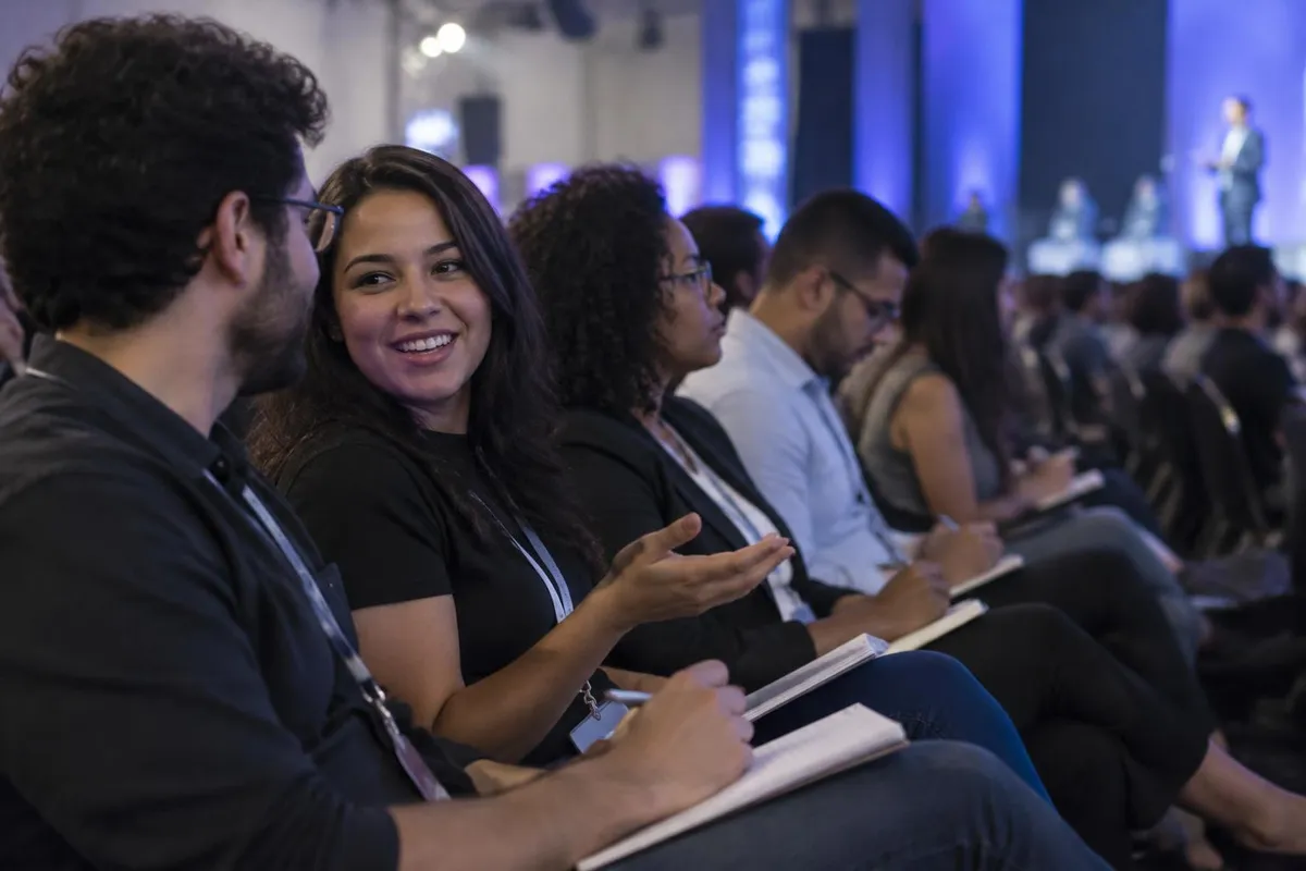 Plateia de profissionais em um pavilhão de eventos fazendo anotações durante uma palestra