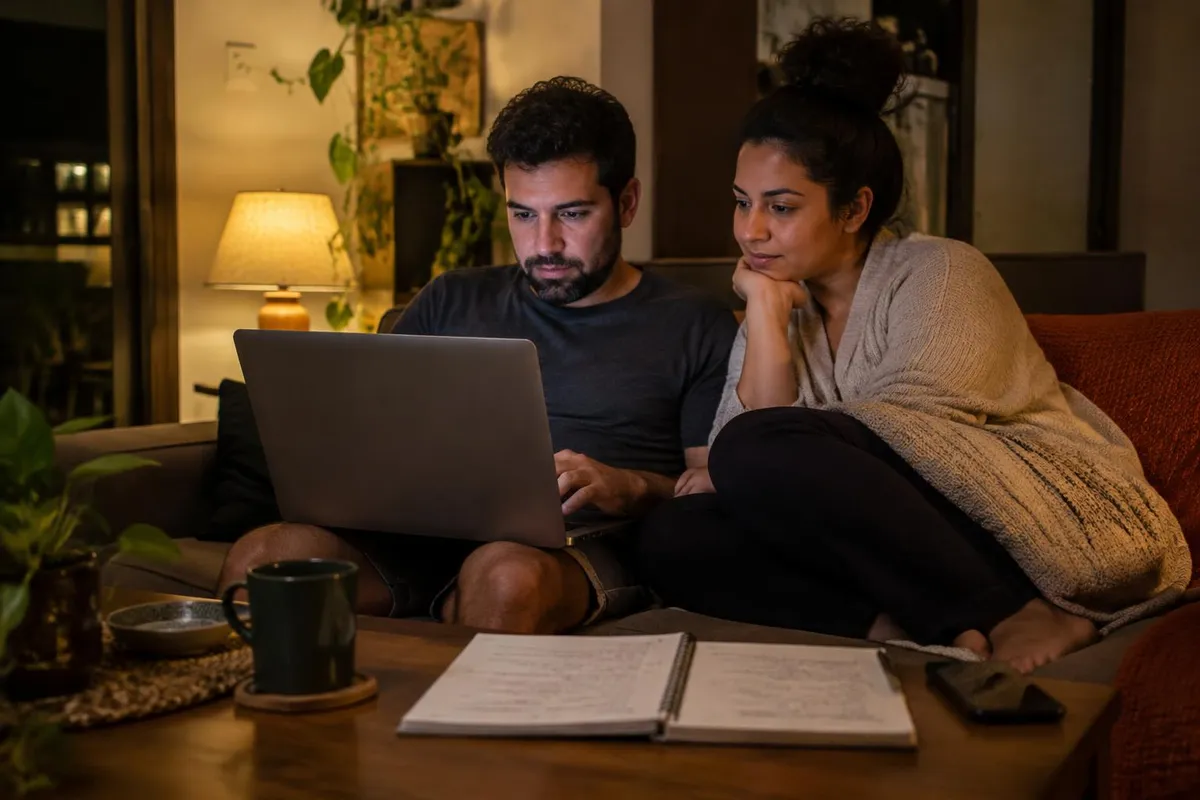 Casal sentado no sofá à noite comparando preços no notebook, com um caderno de anotações aberto ao lado