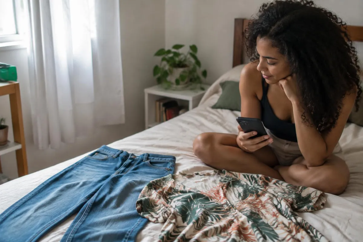 Jovem sentada na cama segura o celular e olha para uma calça jeans e uma camisa estendidas ao lado