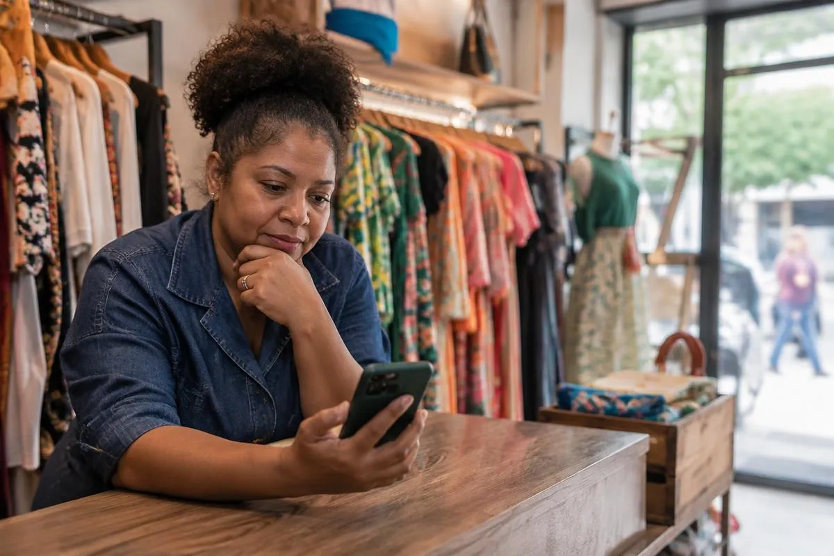 Dona de uma pequena loja de roupas olha o celular com ar pensativo, apoiada no balcão, com araras ao fundo