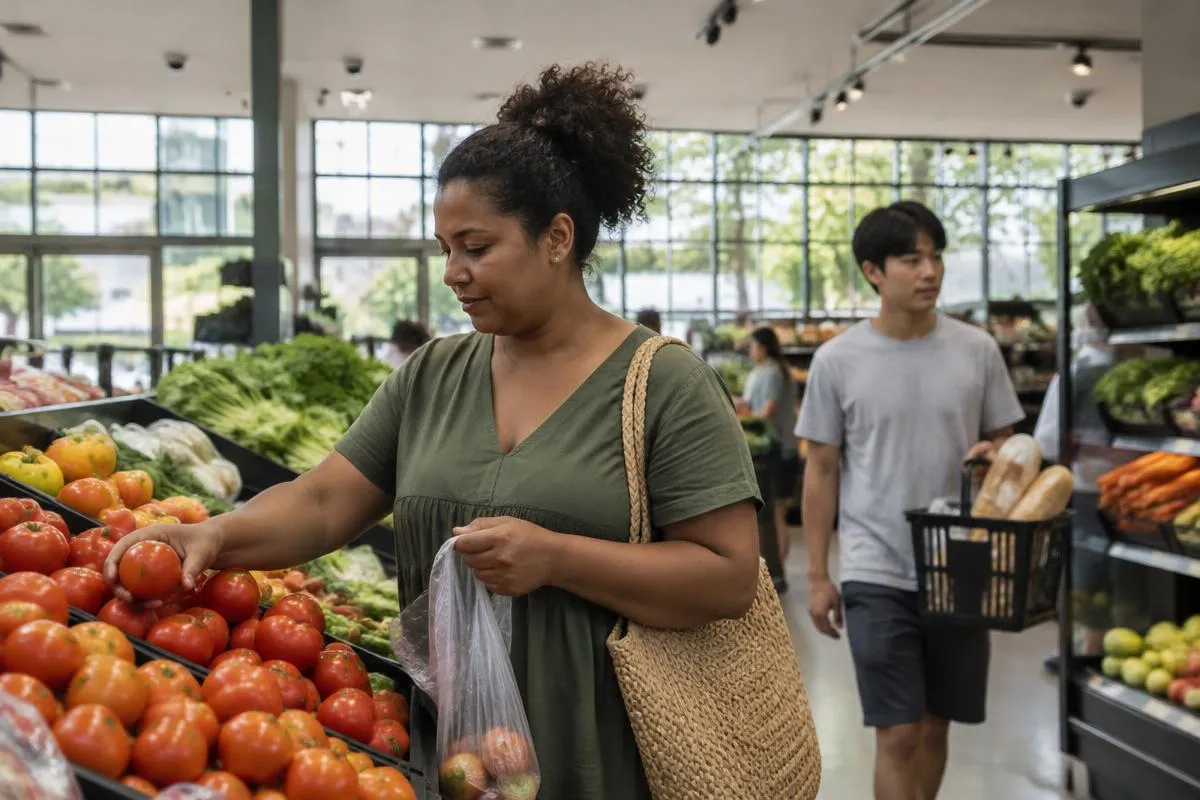 Mulher escolhe tomates na seção de hortifrúti de um supermercado iluminado, com um jovem segurando uma cesta ao fundo