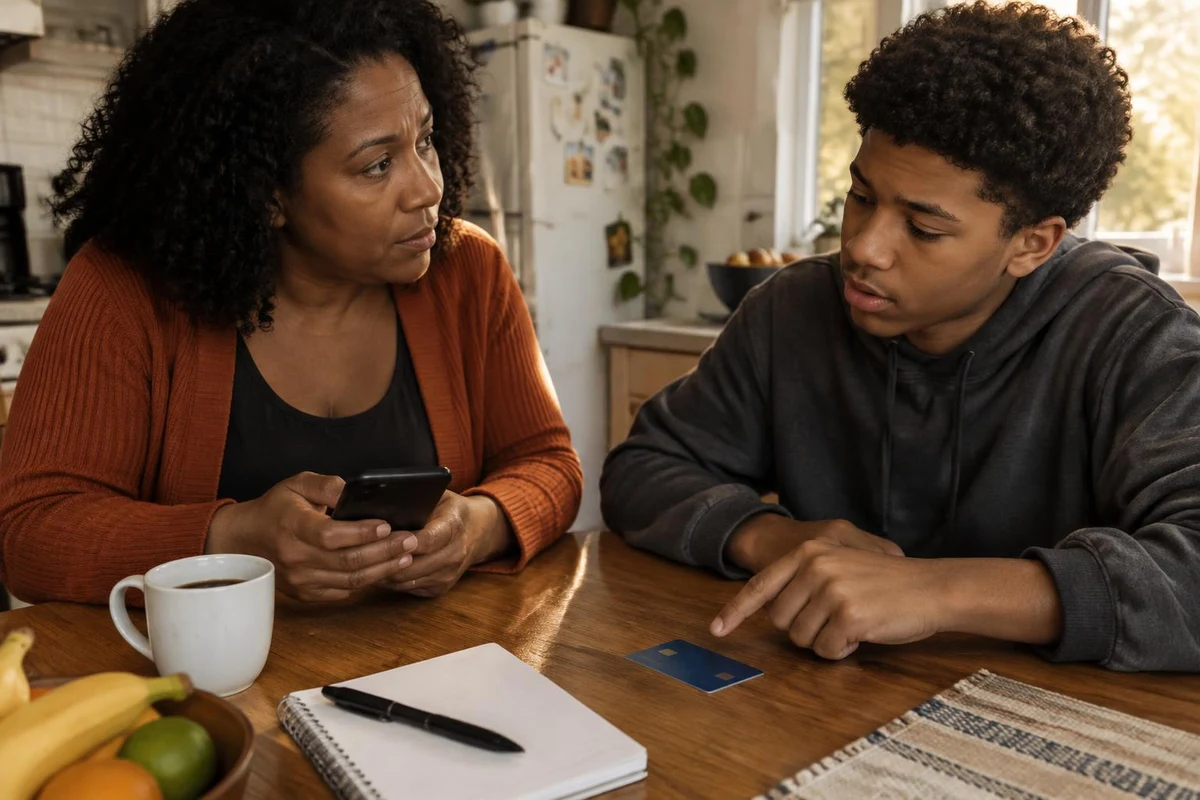 Mãe e filho conversam à mesa da cozinha, com um celular virado para baixo e um cartão de crédito sobre a mesa