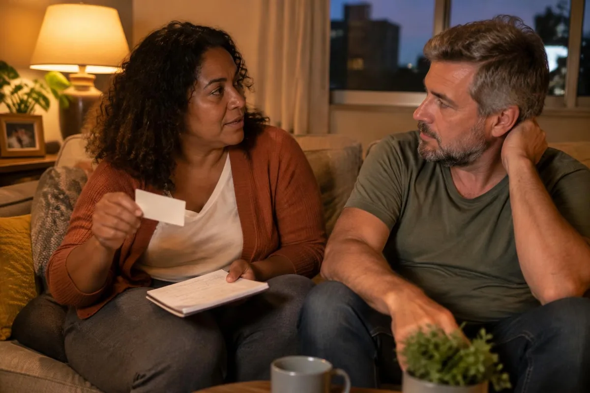 Casal sentado no sofá da sala conversa sobre compras, ela segurando um cartão e um caderno de anotações