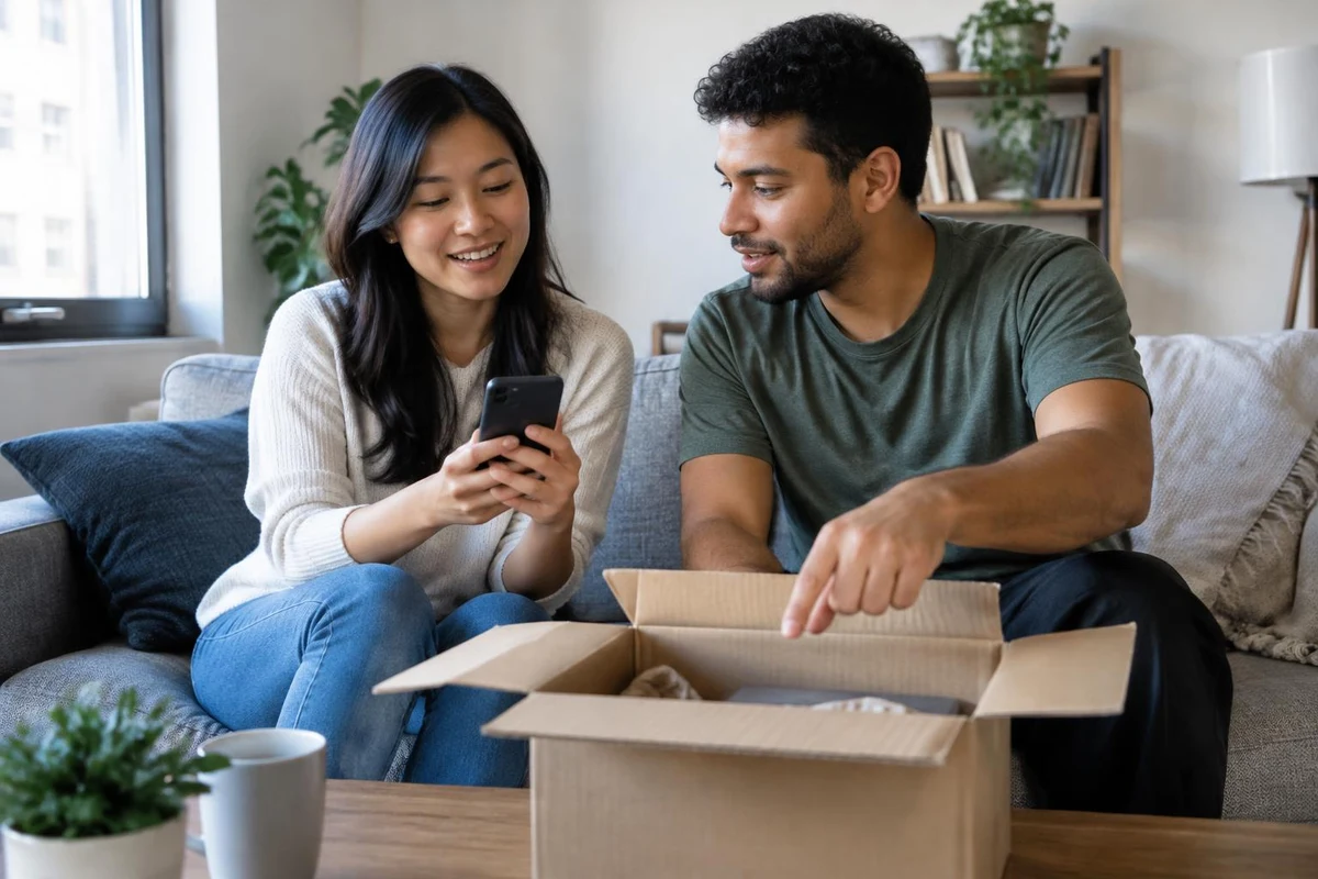 Casal conversa no sofá da sala, ela com o celular na mão e ele apontando para uma caixa de papelão aberta na mesa