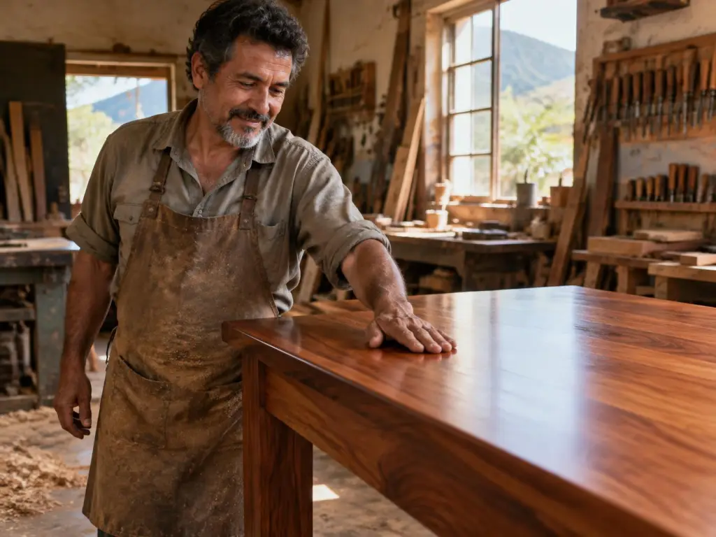 Artesão de móveis de uns 50 anos passa a mão sobre uma mesa de madeira recém-acabada na sua oficina, com serragem e ferramentas ao fundo