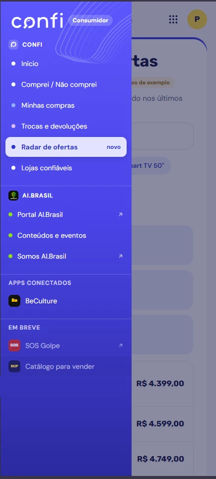 Menu do Consumidor Confi com as seções Confi, AI Brasil, apps conectados e em breve
