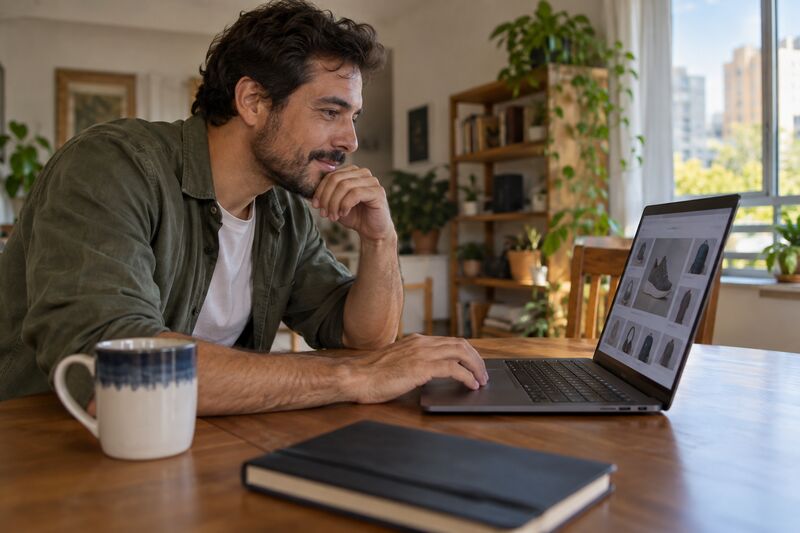 Homem na mesa de casa navegando pela vitrine de calçados e bolsas de uma loja online no notebook