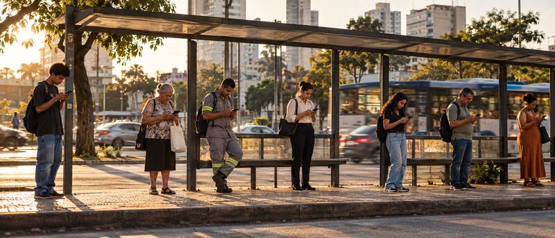 Várias pessoas em um ponto de ônibus movimentado, cada uma comprando pelo próprio celular ao mesmo tempo