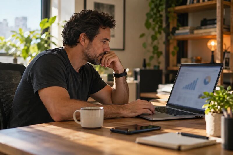 Gestor de e-commerce de camiseta analisando gráficos no notebook em um escritório comum, com luz natural da janela