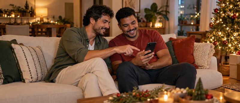 Dois homens escolhendo um presente por um aplicativo de compras na sala decorada para o fim de ano
