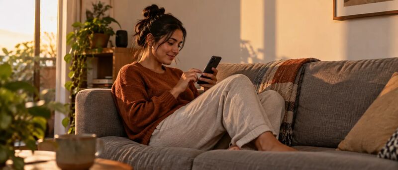 Consumidora relaxada no sofá da sala fazendo uma compra rápida pelo celular, na luz do fim de tarde