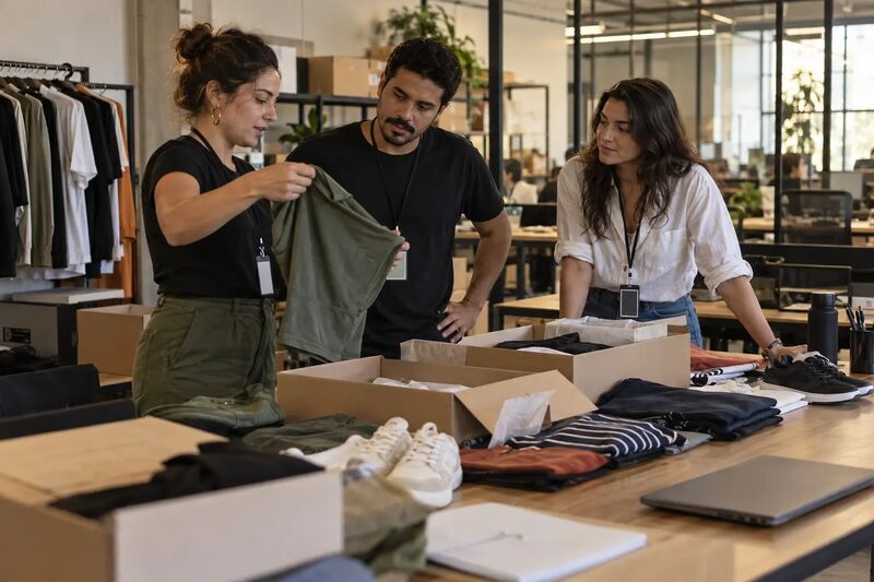 Três colegas discutindo sortimento em volta de uma mesa com caixas de produto abertas, peças de roupa e um notebook, em sala de operação