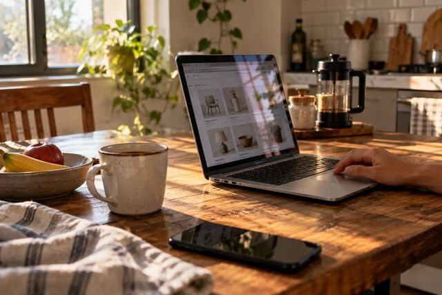 Notebook aberto na mesa da cozinha com uma loja online na tela e uma xícara de café ao lado